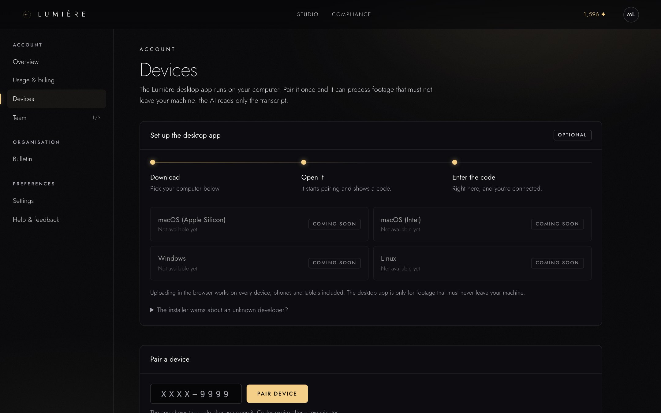 Die Seite Devices mit den Downloads, dem Feld für den Kopplungscode und der Liste der gekoppelten Geräte.